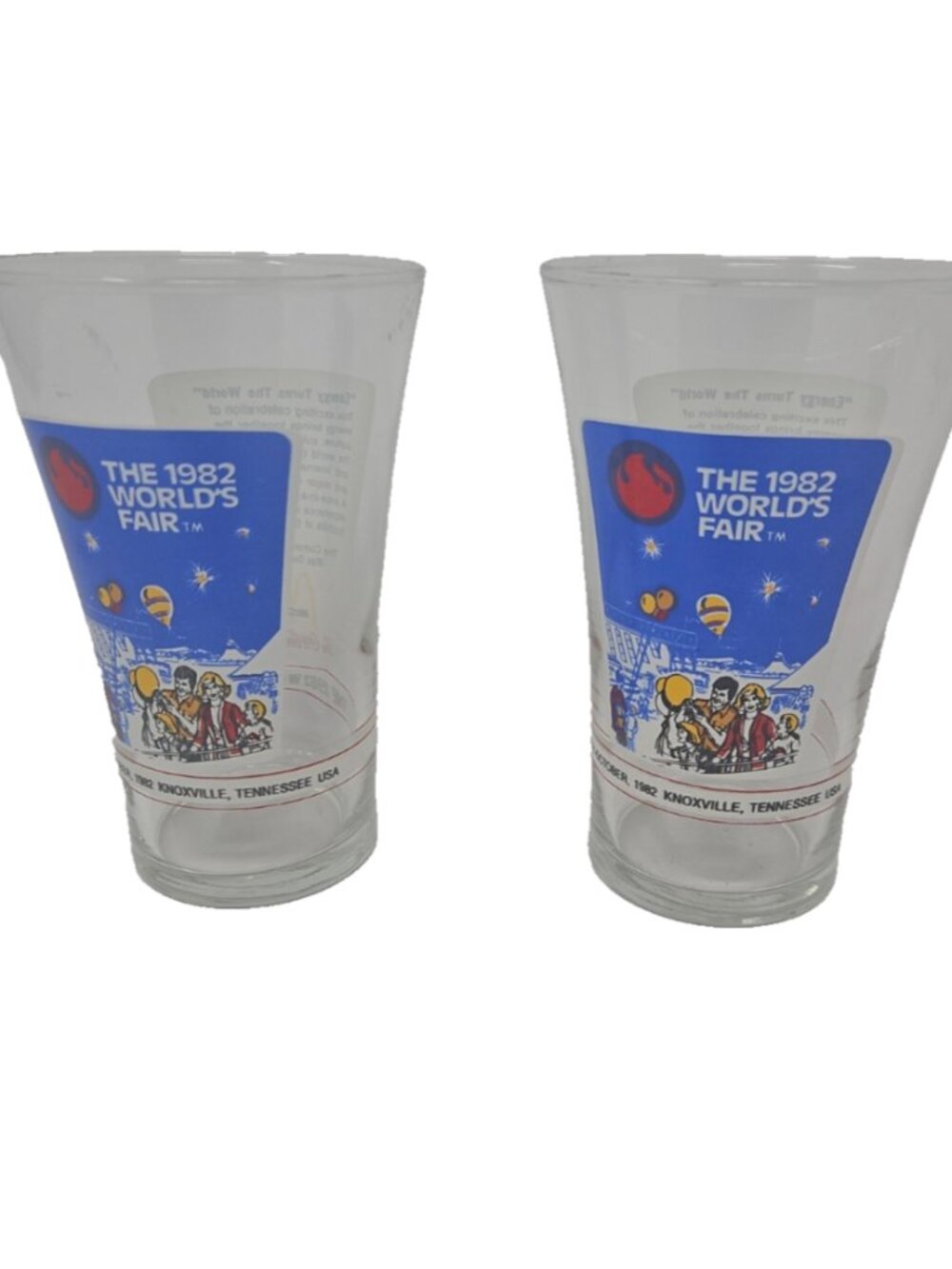 2 Vintage 1982 World's Fair McDonalds Commemorative Glasses Knoxville Tennessee